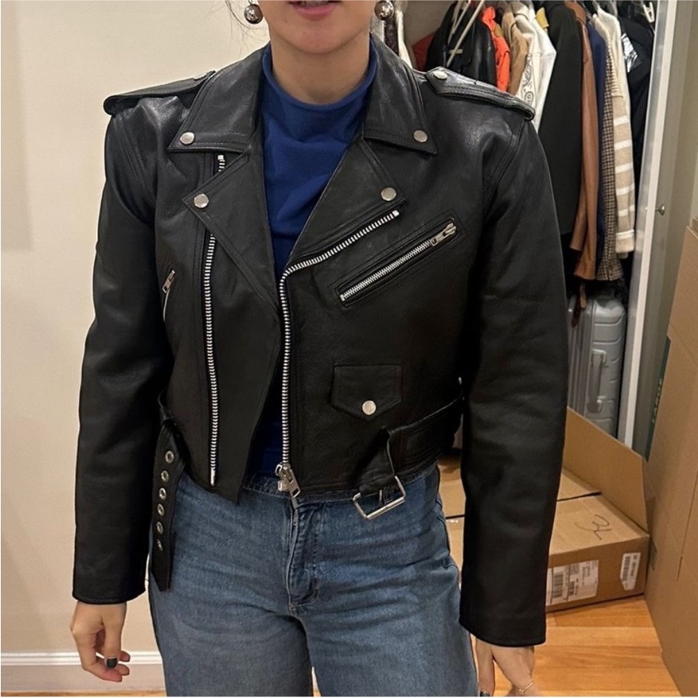 Coolest vintage moto leathered jacket.